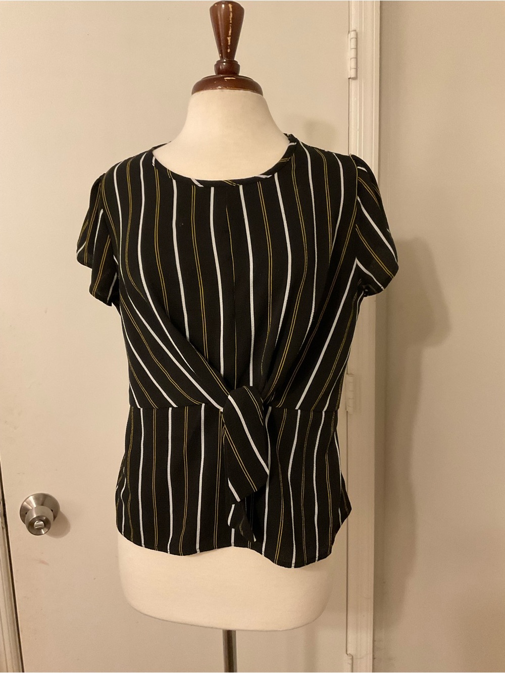Black Striped Short-Sleeve Twist-Front Blouse